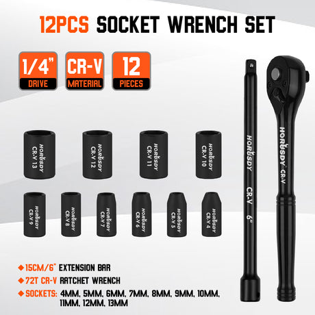 12-Piece 1/4 Inch Drive Ratchet Socket Wrench Set with Metric Sockets 4mm-13mm, 72 Tooth Quick Release Ratchet and 6 Inch Extension Bar