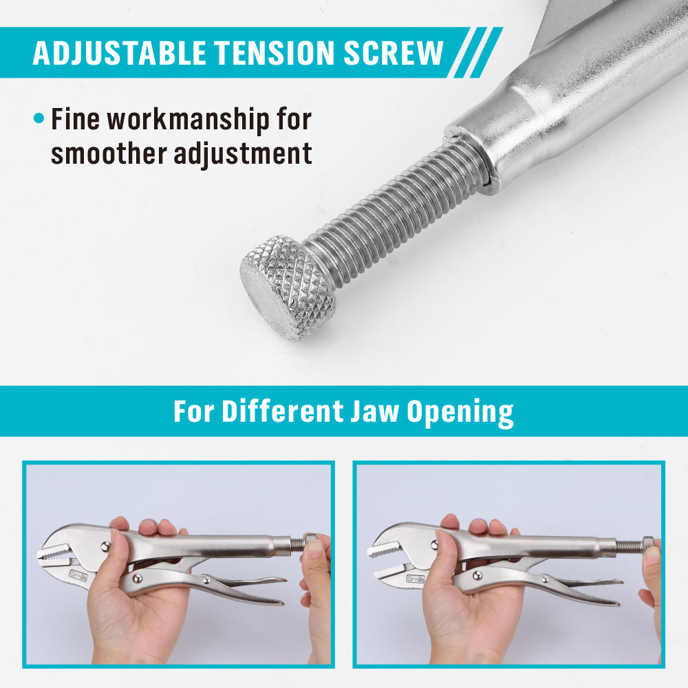 straight jaw locking pliers available in 7-inch and 10-inch sizes with adjustable tension screw, quick-release trigger and Cr-Mo steel jaws