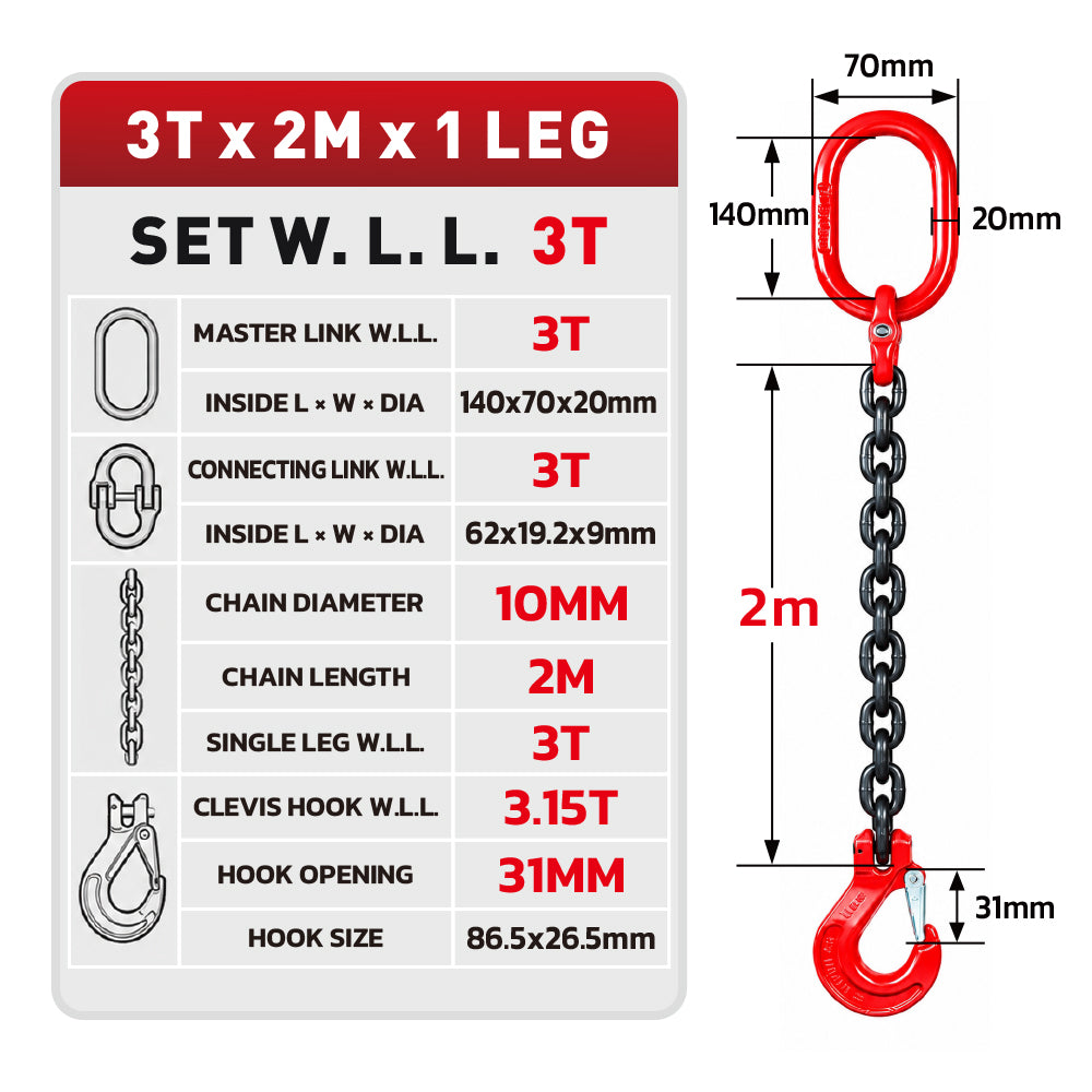 Grade 80 chain sling 1T-5T heavy duty lifting chain with master link and safety hooks, available in 1, 2 and 4 leg configurations for rigging and hoisting