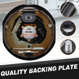 2-piece 12 inch trailer electric brake assembly with backing plate, brake shoes, electro-magnet, hand brake lever, adjuster screw and mounting holes