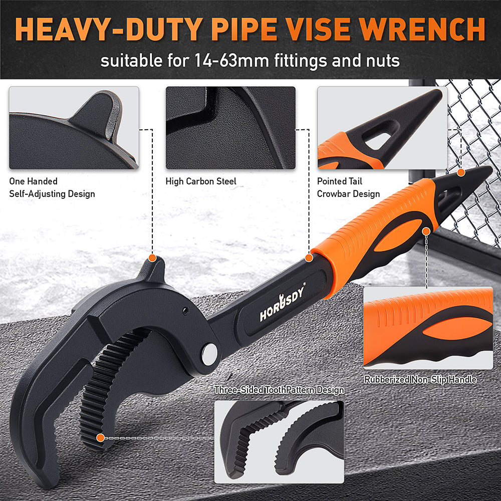 Self-adjusting pipe wrench set with high-carbon steel jaws, non-slip handles and 14–63mm capacity for plumbing, auto repair and home maintenance