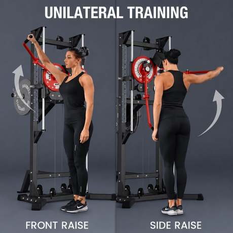 plate loaded lateral raise machine with adjustable arms, headrest, pulley system and steel frame for home gym shoulder training