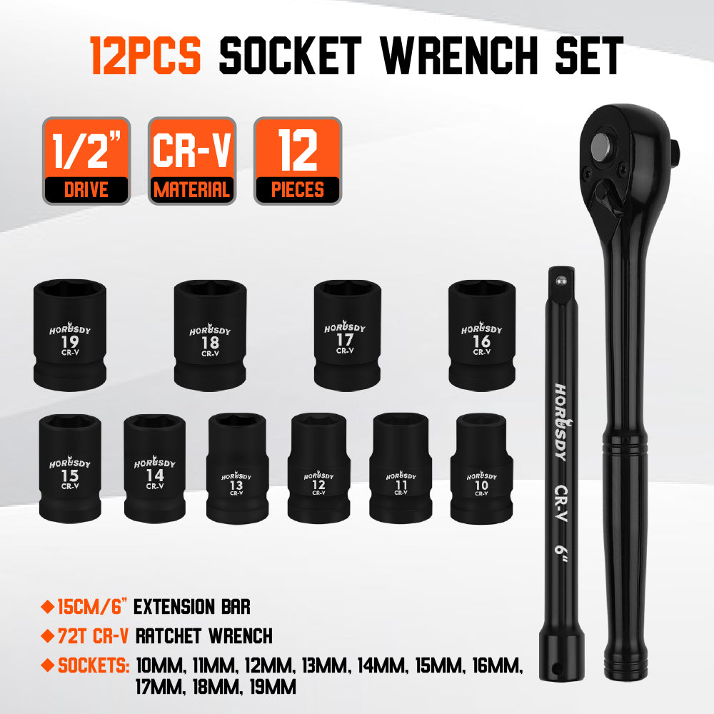 12-Piece 1/2" Drive Ratchet Socket Wrench Set with Metric Sockets 10-19mm, 72T Quick Release Ratchet, and 6" Extension Bar for Car and Garage Repair