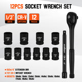12-Piece 1/2" Drive Ratchet Socket Wrench Set with Metric Sockets 10-19mm, 72T Quick Release Ratchet, and 6" Extension Bar for Car and Garage Repair