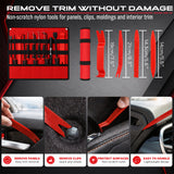 auto trim removal tool kit with red nylon pry tools, heat-treated pick hooks, ergonomic handles and extendable LED magnetic pickup tool for car panel, clip, seal and O-ring removal