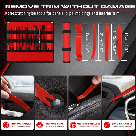 auto trim removal tool kit with red nylon pry tools, heat-treated pick hooks, ergonomic handles and extendable LED magnetic pickup tool for car panel, clip, seal and O-ring removal