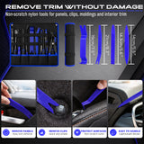 17-piece automotive trim removal and pick tool set with blue nylon pry tools, heat-treated steel hooks, clip removal pliers, ergonomic handles, roll-up pouch and extendable LED magnetic pickup tool for car panels, clips, seals, O-rings and small metal parts