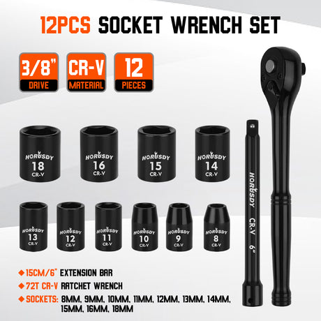 12-Piece 3/8 Inch Drive Ratchet Socket Wrench Set with Metric Sockets 8mm-18mm, 72 Tooth Quick Release Ratchet and 6 Inch Extension Bar