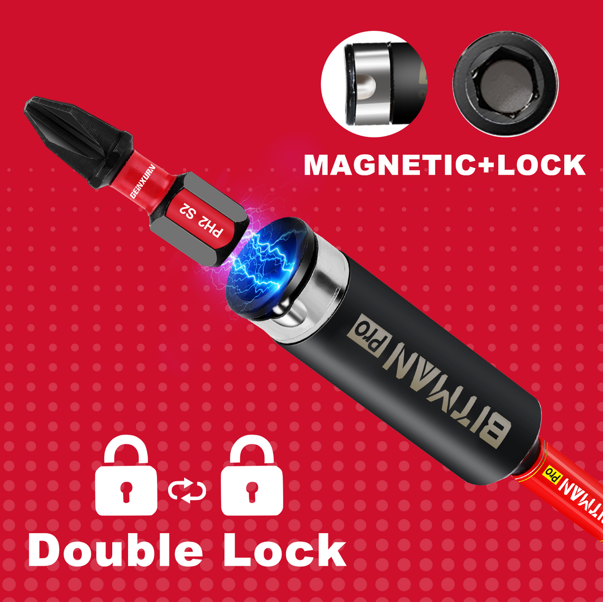 1/4 inch impact magnetic bit holder with quick change hex shank, double locking mechanism, strong magnetic tip and torsion zone, available in 2.5 inch, 3 inch and 6 inch lengths for impact drivers and power drills.
