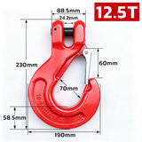 heavy-duty clevis slip hook with safety latch, cotter pin and red powder-coated finish for lifting, towing, recovery and rigging applications