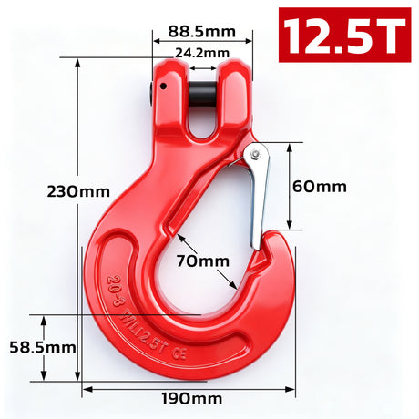 heavy-duty clevis slip hook with safety latch, cotter pin and red powder-coated finish for lifting, towing, recovery and rigging applications