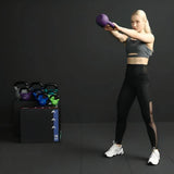 vinyl coated kettlebell weights in 5LB, 10LB and 15LB options with wide grip handles for home gym strength training, squats and full body workouts