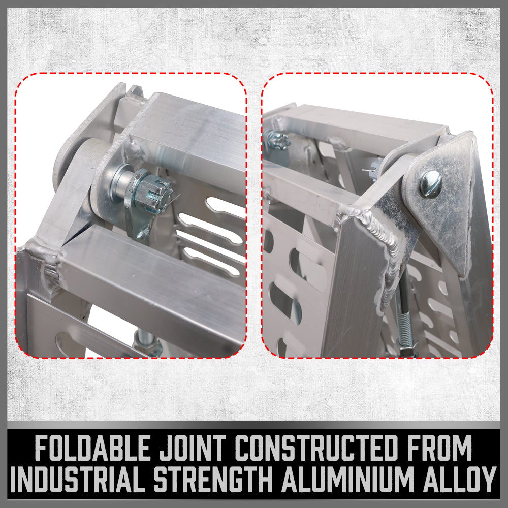 Aluminium 2.3M 1360KG folding loading ramps for motorcycles, ATVs, and equipment, featuring reinforced centre beam and non-slip red tips.