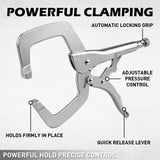 11-inch locking C-clamp pliers with Cr-Mo steel construction, adjustable tension screw and quick-release lever for welding and woodworking.