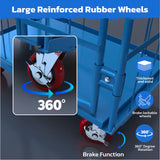 Blue heavy duty double-door logistics trolley cage with lockable swivel rubber wheels for warehouse storage and transport