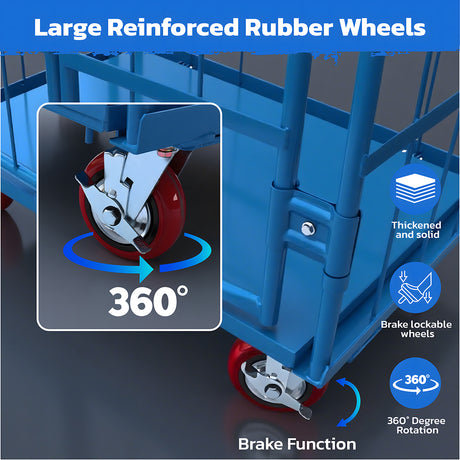 Blue heavy duty double-door logistics trolley cage with lockable swivel rubber wheels for warehouse storage and transport