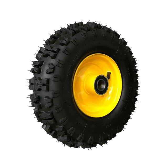 13 inch 5.00-6 pneumatic wheelbarrow trolley wheel with 1 inch (25.4mm) bore and yellow steel hub, heavy-duty replacement tyre