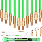 Set of green 3.3m fiberglass push pull rods with brass connectors for non-conductive cable installation in tight spaces.