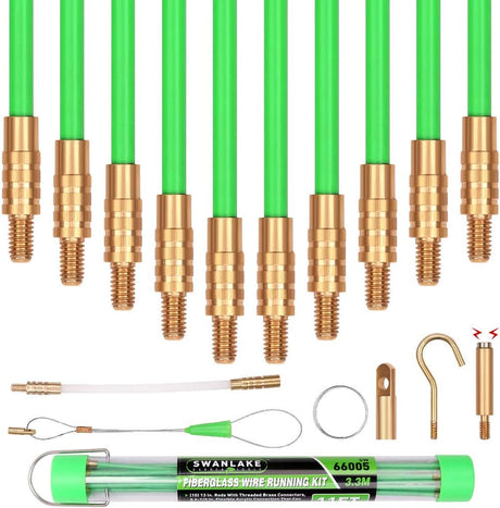 Set of green 3.3m fiberglass push pull rods with brass connectors for non-conductive cable installation in tight spaces.