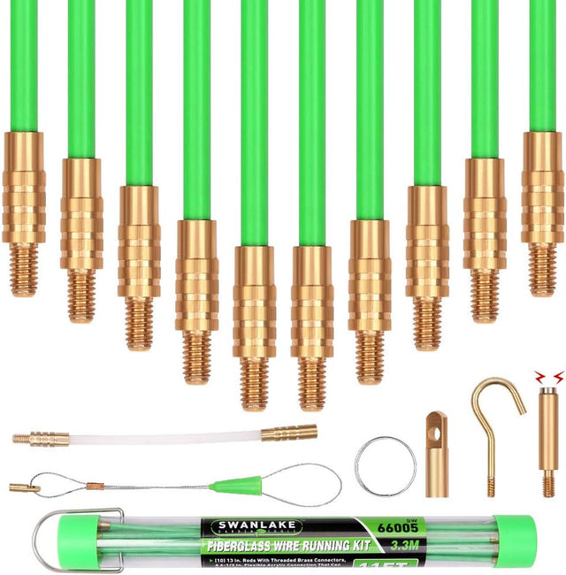 Set of green 3.3m fiberglass push pull rods with brass connectors for non-conductive cable installation in tight spaces.
