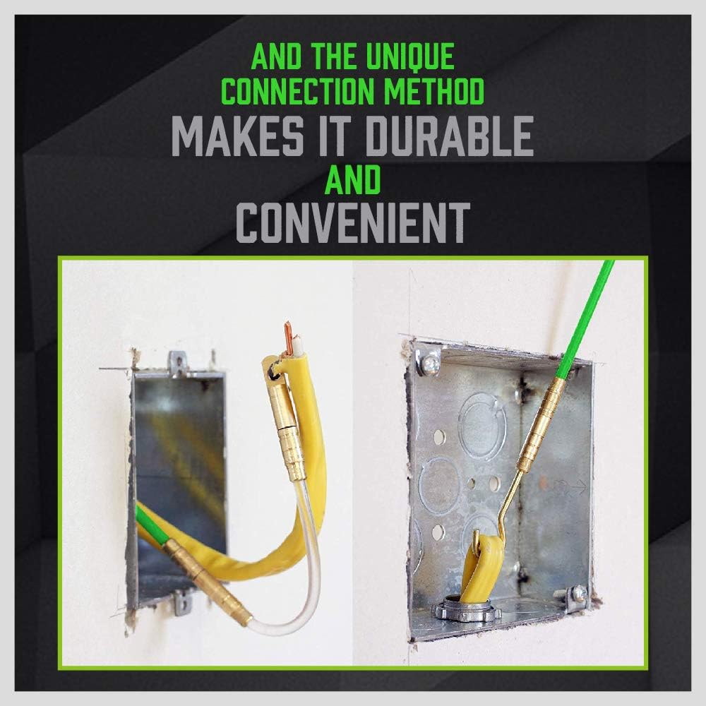 Set of green 3.3m fiberglass push pull rods with brass connectors for non-conductive cable installation in tight spaces.