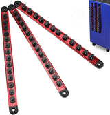 Magnetic socket organizer set with detachable trays for 1/4", 3/8", and 1/2" drive sockets. Ideal for garage tool organization.