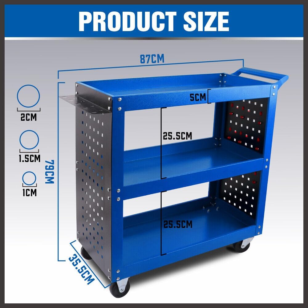 HORUSDY 3-Tier Steel Tool Trolley - Heavy Duty Workshop Storage Cart with Pegboard, Hooks and Locking Swivel Casters