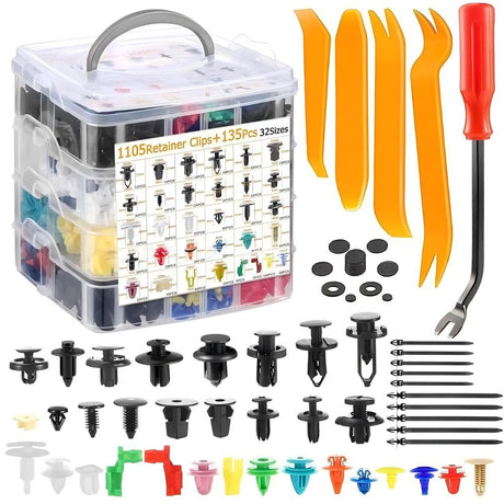 Car retainer clips kit 1240PCS with 32 sizes, fastener removal tools, cable ties and sponge pads for automotive panel and bumper repair.