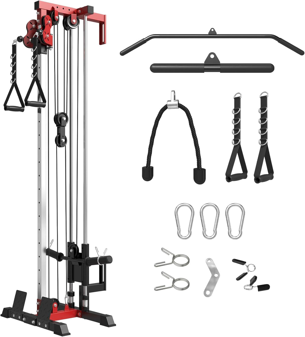 plate loaded cable machine with pulley system adjustable height functional trainer with lat pulldown bar and attachments