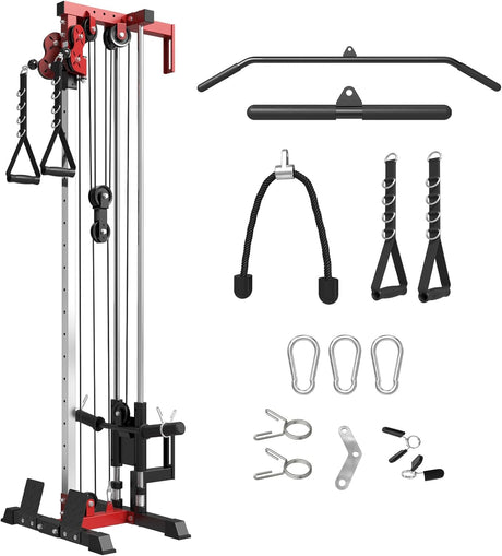 plate loaded cable machine with pulley system adjustable height functional trainer with lat pulldown bar and attachments