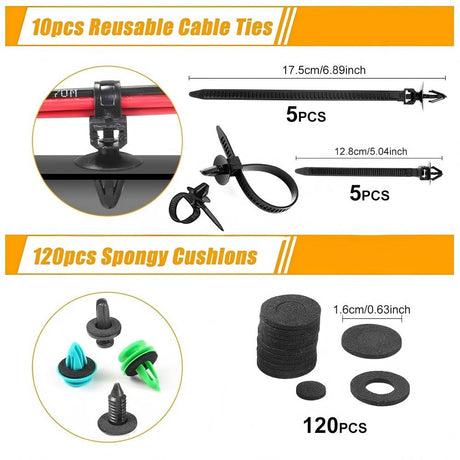 Car retainer clips kit 1240PCS with 32 sizes, fastener removal tools, cable ties and sponge pads for automotive panel and bumper repair.