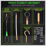 Set of green 3.3m fiberglass push pull rods with brass connectors for non-conductive cable installation in tight spaces.