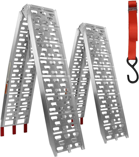 Aluminium 2.3M 1360KG folding loading ramps for motorcycles, ATVs, and equipment, featuring reinforced centre beam and non-slip red tips.