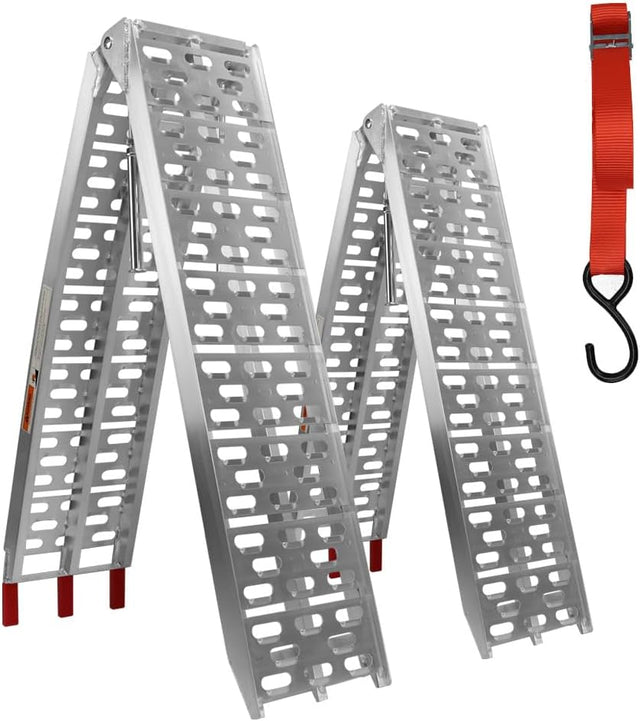 Aluminium 2.3M 1360KG folding loading ramps for motorcycles, ATVs, and equipment, featuring reinforced centre beam and non-slip red tips.