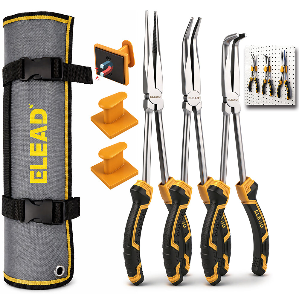 ELEAD 3 piece 11 inch long reach pliers set with straight 45 and 90 degree needle nose pliers magnetic racks and storage pouch