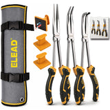 ELEAD 3 piece 11 inch long reach pliers set with straight 45 and 90 degree needle nose pliers magnetic racks and storage pouch