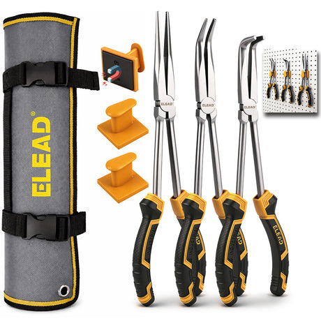 ELEAD 3 piece 11 inch long reach pliers set with straight 45 and 90 degree needle nose pliers magnetic racks and storage pouch