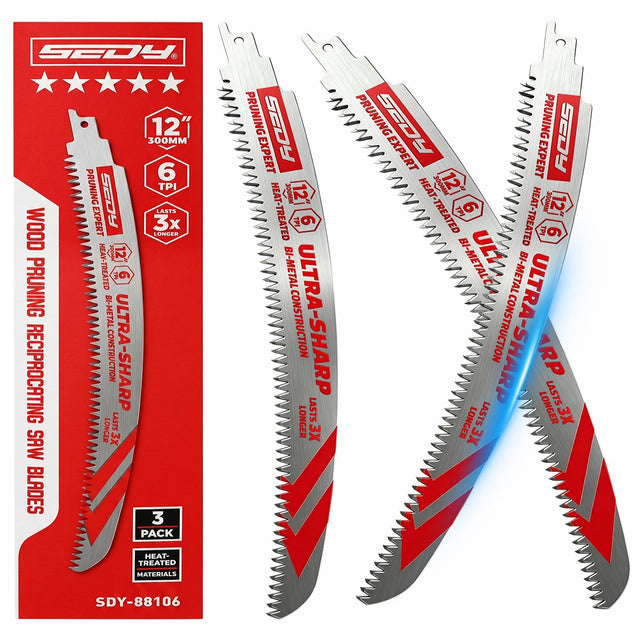 3-pack 12 inch 6 TPI curved pruning reciprocating saw blades for tree trimming, branches, green wood and wood cutting