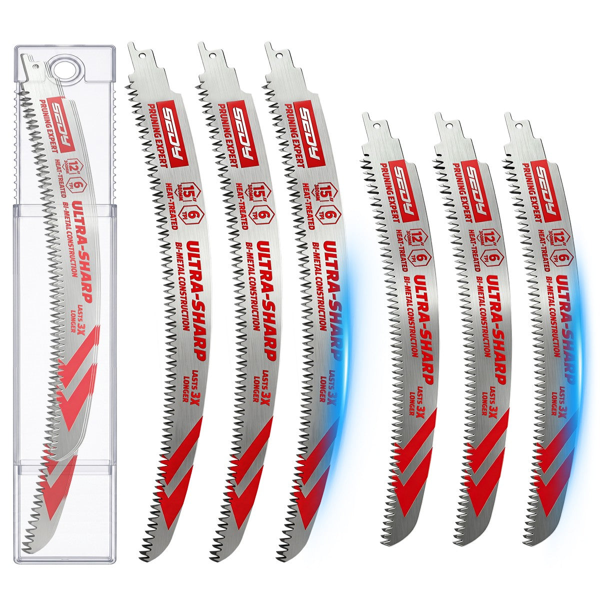 6-pack curved wood pruning reciprocating saw blades with three 12-inch and three 15-inch 6 TPI bi-metal blades for tree trimming and branch cutting