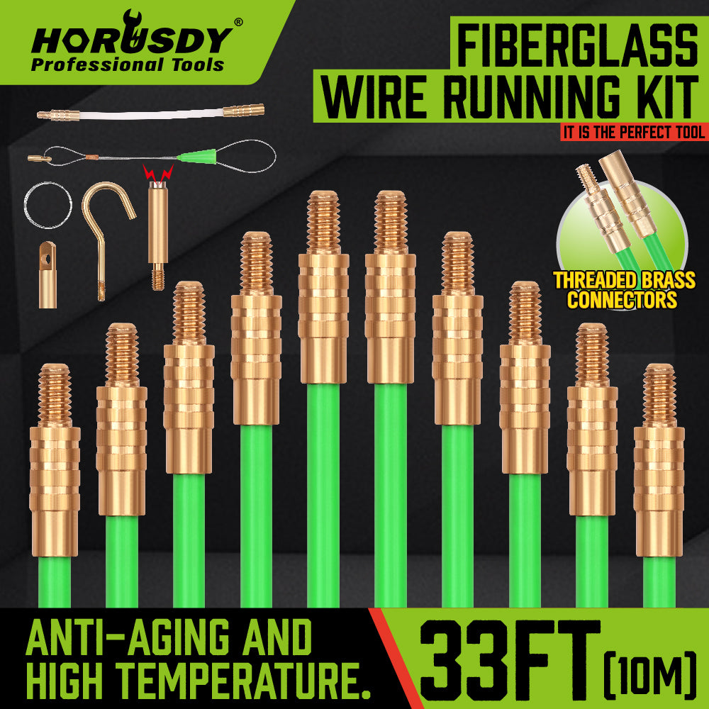 33FT fiberglass fish tape wire running kit with 10 rods, brass connectors, magnetic search head, hook, eyelet and cable pulling accessories.