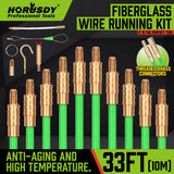 33FT fiberglass fish tape wire running kit with 10 rods, brass connectors, magnetic search head, hook, eyelet and cable pulling accessories.