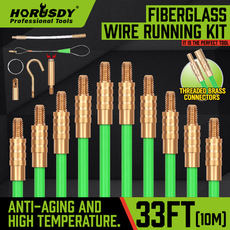 33FT fiberglass fish tape wire running kit with 10 rods, brass connectors, magnetic search head, hook, eyelet and cable pulling accessories.