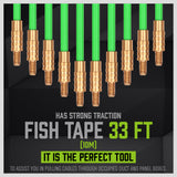 33FT fiberglass fish tape wire running kit with 10 rods, brass connectors, magnetic search head, hook, eyelet and cable pulling accessories.