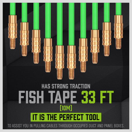 33FT fiberglass fish tape wire running kit with 10 rods, brass connectors, magnetic search head, hook, eyelet and cable pulling accessories.