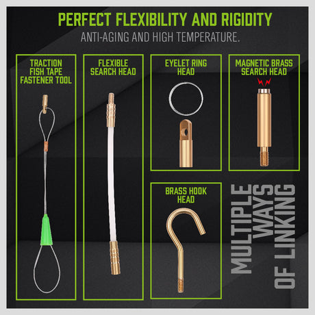 33FT fiberglass fish tape wire running kit with 10 rods, brass connectors, magnetic search head, hook, eyelet and cable pulling accessories.