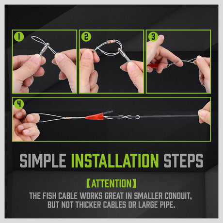 33FT fiberglass fish tape wire running kit with 10 rods, brass connectors, magnetic search head, hook, eyelet and cable pulling accessories.