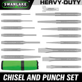 16-piece punch and chisel set with pin punches, taper punches, center punches, CR-V cold chisels, chisel gauge and canvas roll pouch