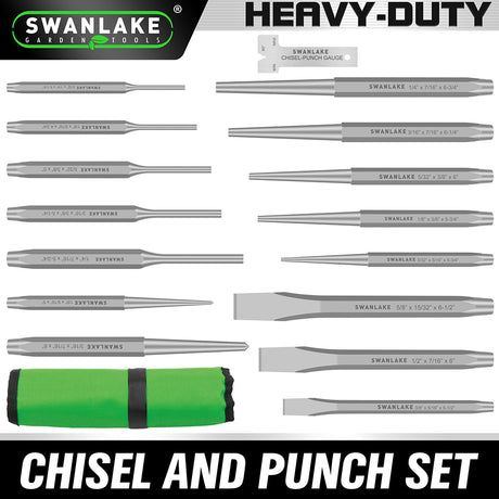 16-piece punch and chisel set with pin punches, taper punches, center punches, CR-V cold chisels, chisel gauge and canvas roll pouch