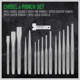 16-piece punch and chisel set with pin punches, taper punches, center punches, CR-V cold chisels, chisel gauge and canvas roll pouch