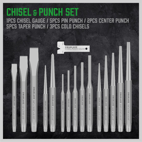 16-piece punch and chisel set with pin punches, taper punches, center punches, CR-V cold chisels, chisel gauge and canvas roll pouch